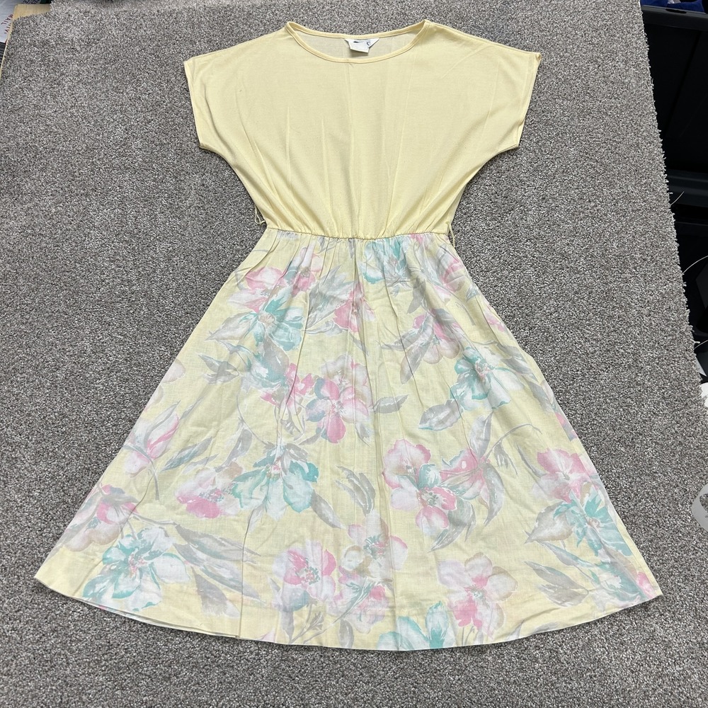 Vintage Blair Dress Womens 12 Yellow Floral Short Sleeve Pleated Long Sundress